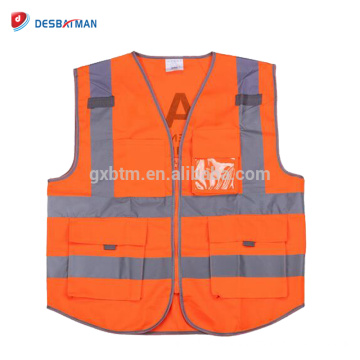 Custom Hi Vis Flourescent Orange Workwear Zippered Reflective Waistcoat EN471 Pockets High Visibility Safety Vest ANSI